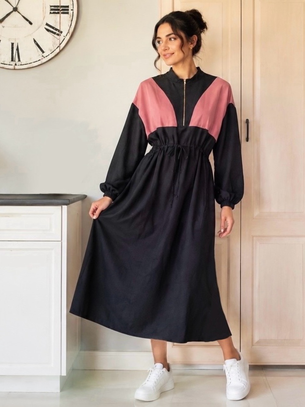 Women’s Long Sleeve Midi Dress with Pink Contrast Yoke

Size L